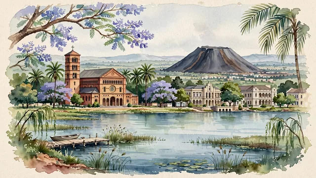 Watercolour of Lubumbashi, Democratic Republic of the Congo. On the Katanga high plateau along the Kafubu River, centered around the iconic Saints Peter and Paul Cathedral and the historic copper slag heap (Terril de Lubumbashi), with Cathédrale Saints-Pierre-et-Paul and Art Deco.
