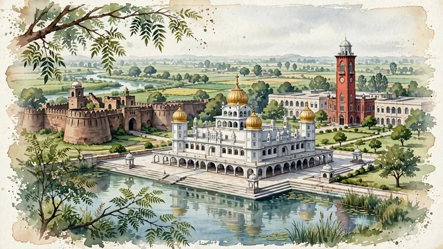 Watercolour of Ludhiana, India. On the Sutlej River plain, the historic "Manchester of India", centered around the 15th-century Lodhi Fort and the iconic clock tower of the Christian Medical College, with Lodhi Fort and Christian Medical College.