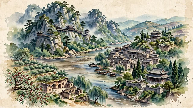 Watercolour of Lüliang, China. Centered around Mount Beiwudang's cliff temples, Qikou Ancient Town along the Yellow River, and Xuanzhong Temple in Shibi Mountain, with Mount Beiwudang and Qikou Ancient Town.