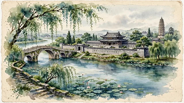 Watercolour of Luohe, China. Where the Sha and Li rivers converge on the Central Plains, the home of ancient lexicographer Xu Shen, centered around the Xu Shen Cultural Park and the historic Kaiyuan Temple Pagoda, with Xu Shen Cultural Park and Northern Song Dynasty Kaiyuan Temple Pagoda.