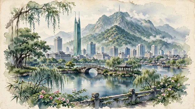 Watercolour of Luohu District, China. Luohu along the Shenzhen River bordering Hong Kong, centered around the iconic Diwang Building (Shun Hing Square), the Shenzhen Reservoir in Donghu Park, and the lush forested peaks of Mount Wutong, with Shun Hing Square and Guomao Building.