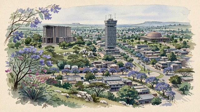 Watercolour of Lusaka, Zambia. The city spreading across the gentle, limestone plateau of southern central Africa, characterized by broad avenues, lush jacaranda and flamboyant trees, with National Assembly of Zambia and Findeco House.
