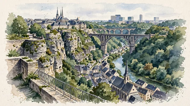 Watercolour of Luxembourg, Luxembourg. Luxembourg City, with Adolphe Bridge and Bock Casemates.