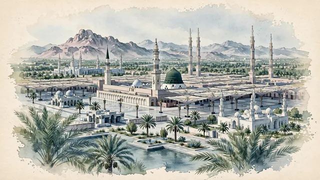 Watercolour of Madinah, Saudi Arabia. Centered around Al-Masjid an-Nabawi with its iconic Green Dome and convertible umbrellas, Quba Mosque, and the granite peaks of Mount Uhud. Featuring Al-Masjid and Quba Mosque.