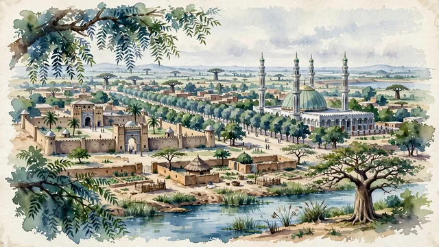 Watercolour of Maiduguri, Nigeria. Centered around Shehu of Borno Palace, Maiduguri Central Mosque, Dandal Way with its shady neem avenues, and Kanuri earthen architecture. Featuring Palace of the Shehu of Borno and Maiduguri Central Mosque.