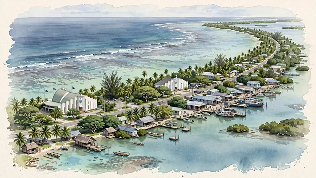 Watercolour of Majuro, Marshall Islands. A low-lying coral atoll in Micronesia, with Capitol Building of the Marshall Islands and Cathedral of the Assumption.