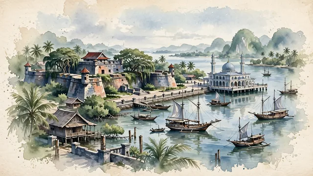 Watercolour of Makassar, Indonesia. Centered around Fort Rotterdam with coral stone walls, Losari Beach floating mosque, and traditional wooden pinisi schooners in Paotere Harbour. Featuring Fort Rotterdam and Losari Beach.