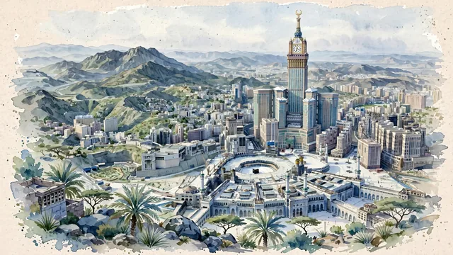 Watercolour of Makkah, Saudi Arabia. Centered around Masjid al-Haram with the sacred Kaaba and minarets, the soaring Abraj Al-Bait Clock Tower, and the rugged peaks of Jabal al-Nour. Featuring Masjid and Abraj Al-Bait Towers.