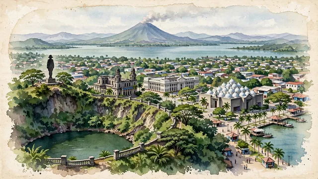 Watercolour of Managua, Nicaragua. The city spreading across a verdant fault-line basin along the southern shore of Lake Managua (Lake Xolotlán), with Old Cathedral of Managua and Palacio Nacional de la Cultura.