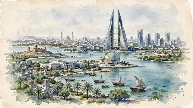 Watercolour of Manama, Bahrain. The island kingdom capital in the Persian Gulf, with Bahrain World Trade Center and Fateh Grand Mosque.