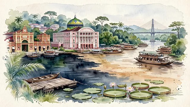 Watercolour of Manaus, Brazil. Centered around Teatro Amazonas with its iconic ceramic mosaic dome, the Meeting of the Waters, and wooden Amazon riverboats. Featuring Teatro Amazonas and Meeting of the Waters.