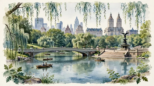 Watercolour of Manhattan, United States. Centered around Central Park's Bow Bridge over The Lake, Bethesda Terrace, pre-war Central Park West towers, and weeping willows, with Bow Bridge and Bethesda Terrace and Fountain.