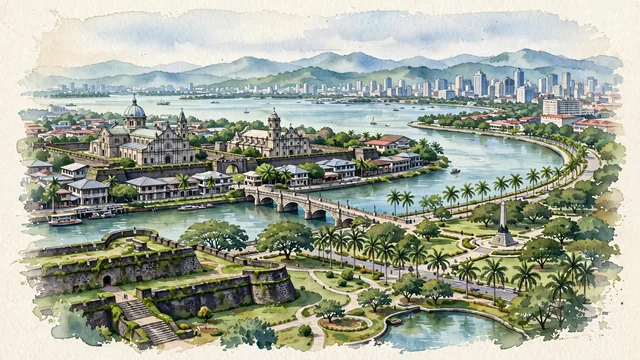 Watercolour of Manila, Philippines. The historic city situated along the eastern shore of Manila Bay at the mouth of the meandering Pasig River, with Manila Cathedral and San Agustin Church.