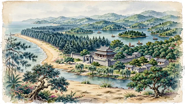 Watercolour of Maoming, China. Centered around China First Beach with coastal casuarina pines, ancient Gaozhou Madame Xian Temple, and thousand-year-old lychee orchards. Featuring China First Beach and Madame Xian Temple.