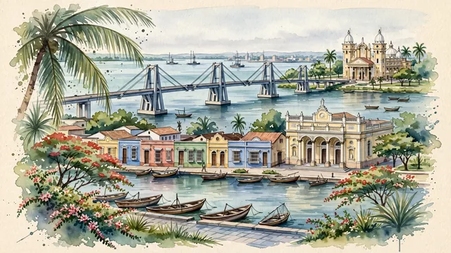 Watercolour of Maracaibo, Venezuela. Centered around General Rafael Urdaneta Bridge across Lake Maracaibo, the Basilica of La Chinita, and colorful colonial houses of Santa Lucía, with General Rafael Urdaneta Bridge and Basilica of Our Lady of Chiquinquirá.