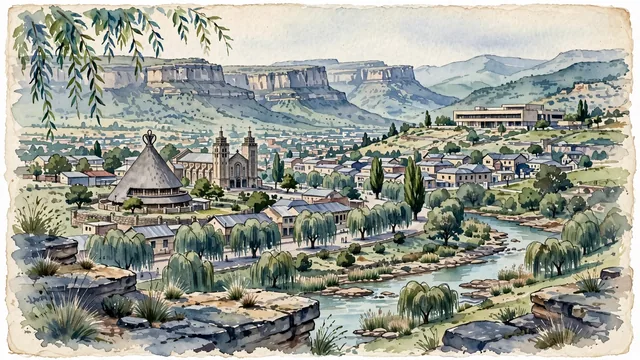 Watercolour of Maseru, Lesotho. The "Kingdom in the Sky" capital, with Basotho Hat and Catholic Cathedral of Our Lady of Victories.