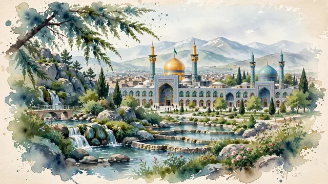 Watercolour of Mashhad, Iran. Centered around Imam Reza Shrine's golden dome and turquoise minarets, Goharshad Mosque, and Kooh Sangi stone pools, with Imam Reza Shrine and Timurid Goharshad Mosque.