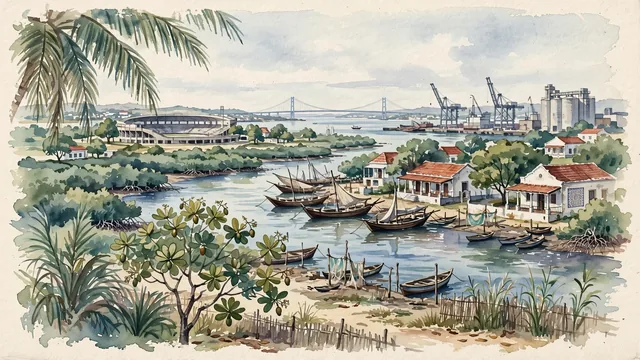 Watercolour of Matola, Mozambique. Centered around Matola River estuary with traditional wooden dhows, Portuguese colonial verandas, and lush cashew and palm groves. Featuring Matola River and Estádio da Machava.