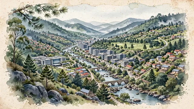 Watercolour of Mbabane, Eswatini. The administrative and judicial capital of Eswatini, with New Supreme Court of Eswatini and Allister Miller Street and Gwamile Street.