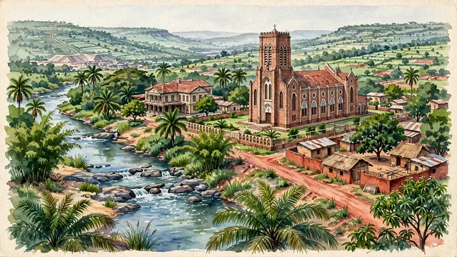 Watercolour of Mbuji-Mayi, Democratic Republic of the Congo. Centered around Saint John the Baptist Cathedral, the Mbuji-Mayi River rapids, red laterite avenues, and royal palm groves, with Cathédrale Saint-Jean-Baptiste de Bonzola and Mbuji-Mayi River.