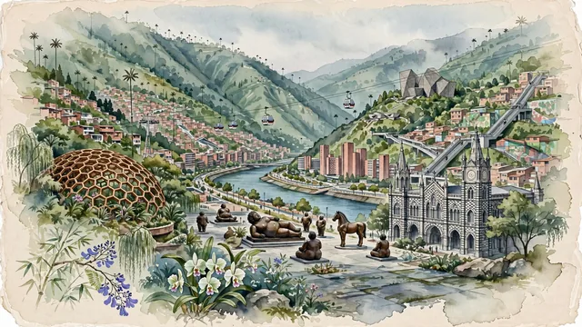 Watercolour of Medellín, Colombia. Centered around Metrocable soaring over the Aburrá Valley, Plaza Botero with bronze sculptures, and the Rafael Uribe Uribe Palace of Culture. Featuring Aburrá Valley and Plaza Botero.