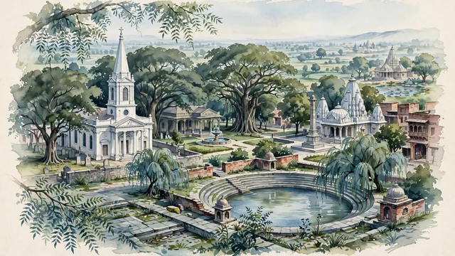Watercolour of Meerut, India. Centered around St. John's Church with its white neoclassical spire, Augarnath Temple (Kali Paltan), and shady cantonment gardens. Featuring St. John's Church and Augarnath Temple.