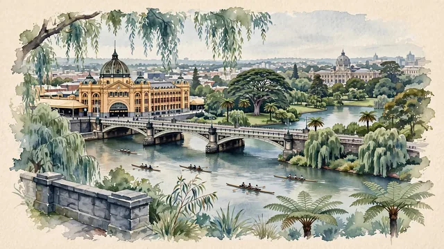 Watercolour of Melbourne, Australia. Centered around Flinders Street Station's copper dome, Princes Bridge over the Yarra River, and the Royal Botanic Gardens, with French Renaissance and Edwardian Baroque and Princes Bridge.