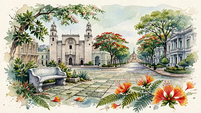 Watercolour of Mérida, Mexico. Centered around Cathedral of San Ildefonso on Plaza Grande, the neoclassical henequen palaces of Paseo de Montejo, and blooming flamboyants, with Cathedral of San Ildefonso and Casa de Montejo.