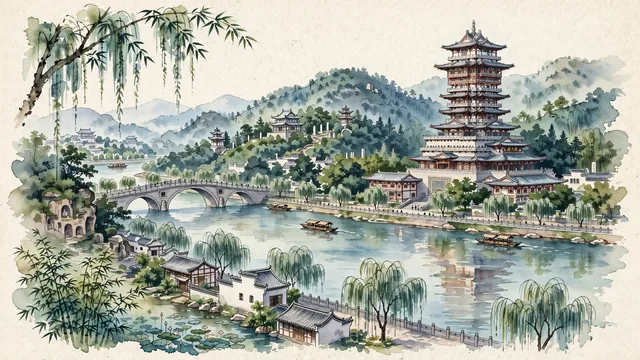 Watercolour of Mianyang, China. Centered around The monumental 15-story Yuewang Tower overlooking the Fu River, Fule Mountain pavilions, and weeping willows, with Yuewang Tower and Fule Mountain.