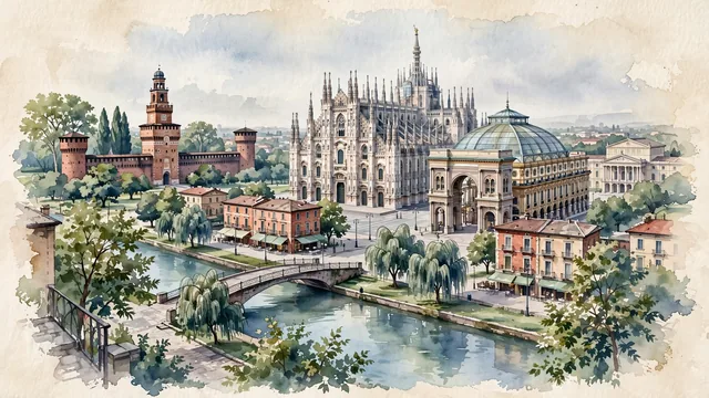 Watercolour of Milan, Italy. Centered around Duomo di Milano with its marble spires, Galleria Vittorio Emanuele II, and the Navigli canals. Featuring Duomo di Milano and Galleria Vittorio Emanuele II.