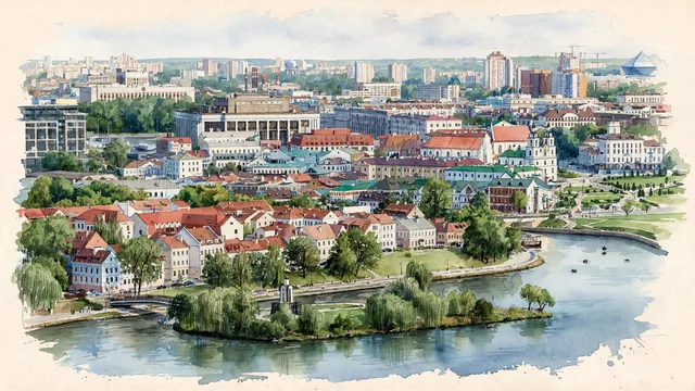 Watercolour of Minsk, Belarus. The city unfolding across the gentle, rolling Minsk Hills along the meandering Svislach River (Svisloch), characterized by broad monumental avenues, with Svislach River and Trinity Suburb.