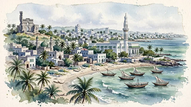Watercolour of Mogadishu, Somalia. The historic "White Pearl of the Indian Ocean", with Hamar Weyne and Arba'a Rukun Mosque.