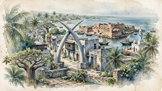 Watercolour of Mombasa, Kenya. Centered around Fort Jesus with coral stone ramparts over the harbor, the iconic Mombasa Tusks on Moi Avenue, and Old Town dhows. Featuring UNESCO World Heritage Fort Jesus and Mombasa Tusks.
