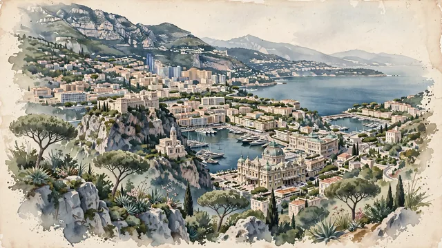 Watercolour of Monaco, Monaco. The dense principality terraced into the steep limestone cliffs of the Maritime Alps (Tête de Chien), with Prince's Palace and Port Hercule.