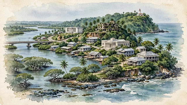 Watercolour of Monrovia, Liberia. The city situated along the curved, narrow Mesurado Peninsula between the Atlantic Ocean and the broad Mesurado River estuary, with Cape Mesurado Lighthouse and Mamba Point.