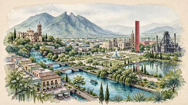 Watercolour of Monterrey, Mexico. Centered around Paseo Santa Lucía canal with arched bridges, the iconic Saddle Mountain (Cerro de la Silla), and the Macroplaza. Featuring Cerro de la Silla and Paseo Santa Lucía.