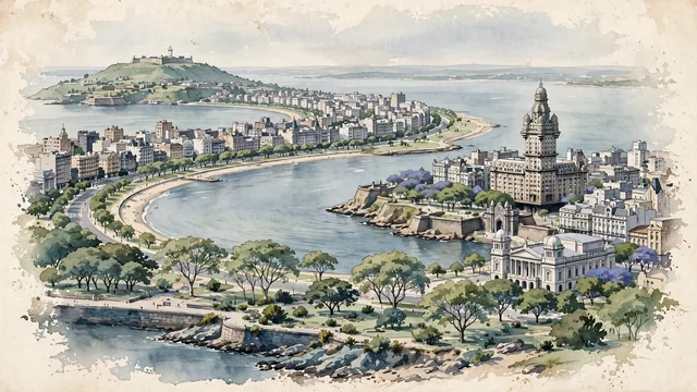 Watercolour of Montevideo, Uruguay. The city curving along the vast, silver-blue waters of the Río de la Plata, framed by the iconic waterfront promenade of the Rambla, with Art Deco and Gateway of the Citadel.