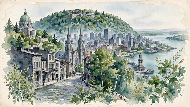 Watercolour of Montréal, Canada. Centered around Mount Royal overlooking the downtown skyline, Notre-Dame Basilica spires, and cobblestone streets of Old Montréal, with Mount Royal and Notre-Dame Basilica.