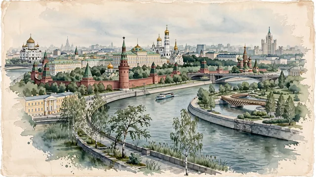 Watercolour of Moscow, Russia. The city unfolding along the serpentine curves of the Moskva River, centered on the high fortress hill of Borovitsky Hill crowned by the Moscow Kremlin, with Moscow Kremlin and Ivan the Great Bell Tower.