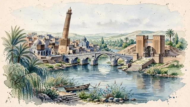 Watercolour of Mosul, Iraq. Centered around The iconic Hadba Minaret of the Great Mosque of al-Nuri, the Tigris River with the Old Bridge, and ancient Nineveh gates. Featuring Great Mosque and Nergal Gate.