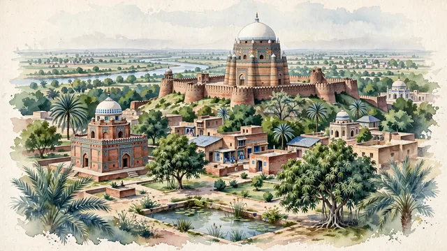 Watercolour of Multan, Pakistan. Centered around Tomb of Shah Rukn-e-Alam with its red-brick octagonal base and white dome, Multan Fort mound, and blue kashi tiles. Featuring Tomb of Shah Rukn-e-Alam and Tomb of Bahauddin Zakariya.