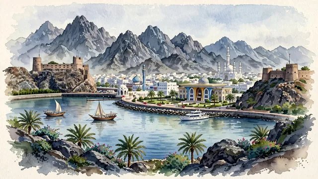 Watercolour of Muscat, Oman. The historic sultanate capital nestled between jagged mountains and the Gulf of Oman, with Muttrah and Jalali and Al Mirani.