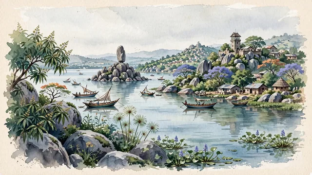 Watercolour of Mwanza, Tanzania. Centered around Bismarck Rock balancing on granite boulders in Lake Victoria, wooden fishing dhows, and Capri Point granite kopjes, with Bismarck Rock and Lake Victoria.