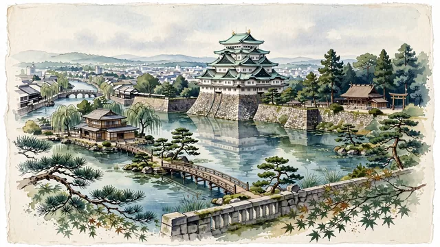 Watercolour of Nagoya, Japan. Centered around Nagoya Castle with its green copper roofs and golden shachihoko, Tokugawa Garden lake, and Atsuta Shrine cedar woods. Featuring Nagoya Castle and Honmaru Palace.