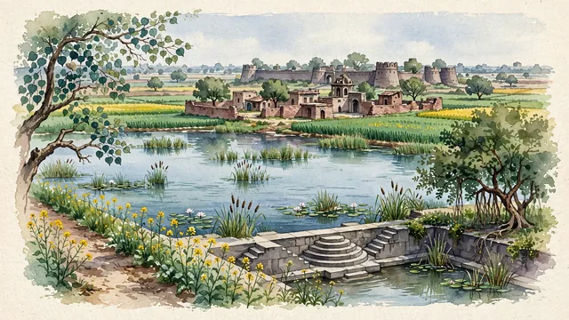 Watercolour of Najafgarh, India. Centered around Najafgarh Jheel wetland waters with migratory waterbirds, historic Mughal fort ruins, and emerald wheat fields with peepal trees. Featuring Najafgarh Jheel and Najafgarh.