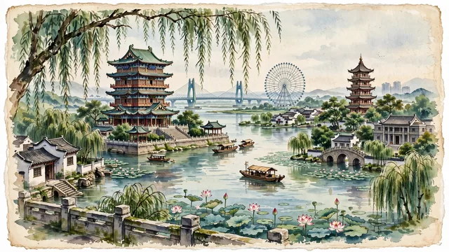 Watercolour of Nanchang, China. Centered around Pavilion of Prince Teng (Tengwang Ge) overlooking the Gan River, Shengjin Pagoda, and East Lake weeping willows, with Pavilion of Prince Teng and Gan River.