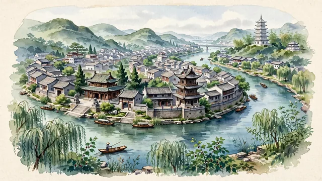 Watercolour of Nanchong, China. Centered around Langzhong Ancient Town along the Jialing River loop, Huaguang Tower, White Pagoda, and weeping willows, with Langzhong Ancient Town and Huaguang Tower.