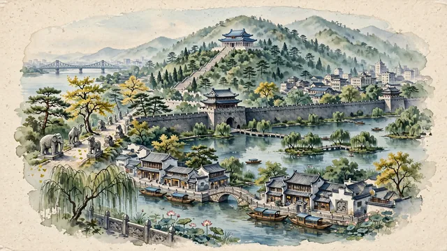 Watercolour of Nanjing, China. Centered around Sun Yat-sen Mausoleum on Purple Mountain, Ming City Wall overlooking Xuanwu Lake, and the Qinhuai River at Fuzimiao, with Sun Yat-sen Mausoleum and UNESCO World Heritage Ming Xiaoling Tomb.