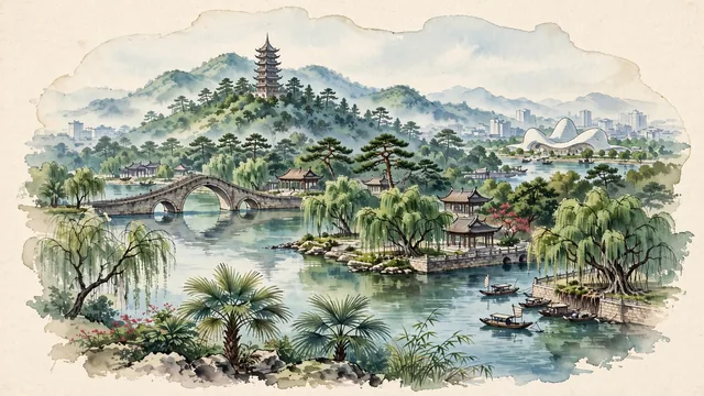 Watercolour of Nanning, China. Centered around Qingxiu Mountain with Longxiang Pagoda, Nanhu Lake with arched stone bridges, and the Yong River waterfront. Featuring Longxiang Pagoda and Nanhu Lake.