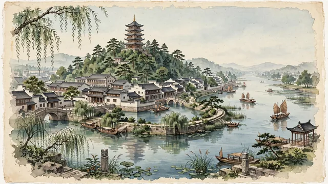Watercolour of Nantong, China. Centered around Langshan (Wolf Hill) with Zhiyun Pagoda overlooking the Yangtze River, and the ancient Haohe River moat. Featuring Mount Lang and Haohe River.